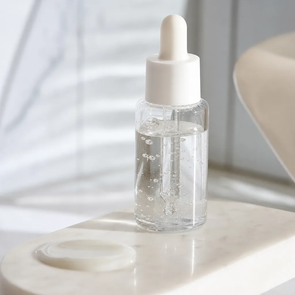 Ảnh mỹ phẩm skincare tinh khiết, khoe kết cấu kem và giọt serum