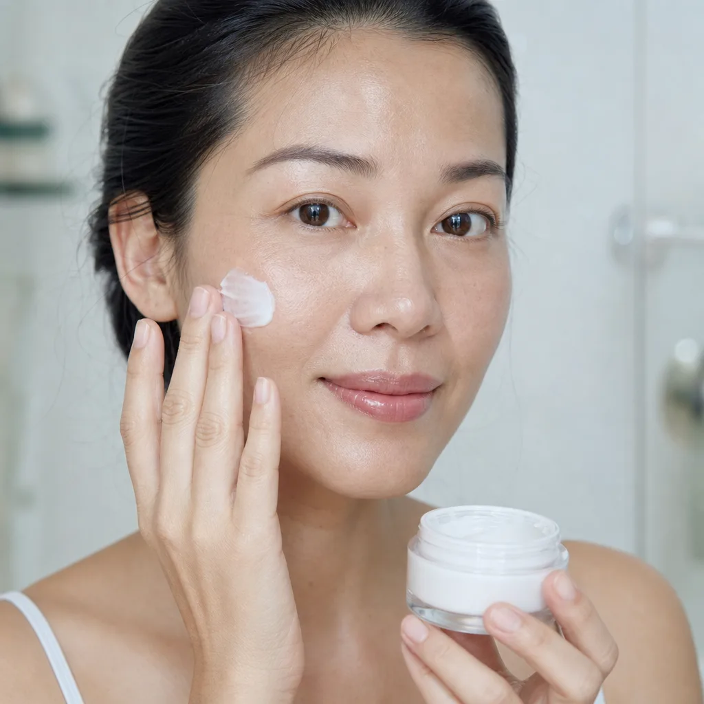 Mẫu đang dùng mỹ phẩm - thoa kem, đánh son