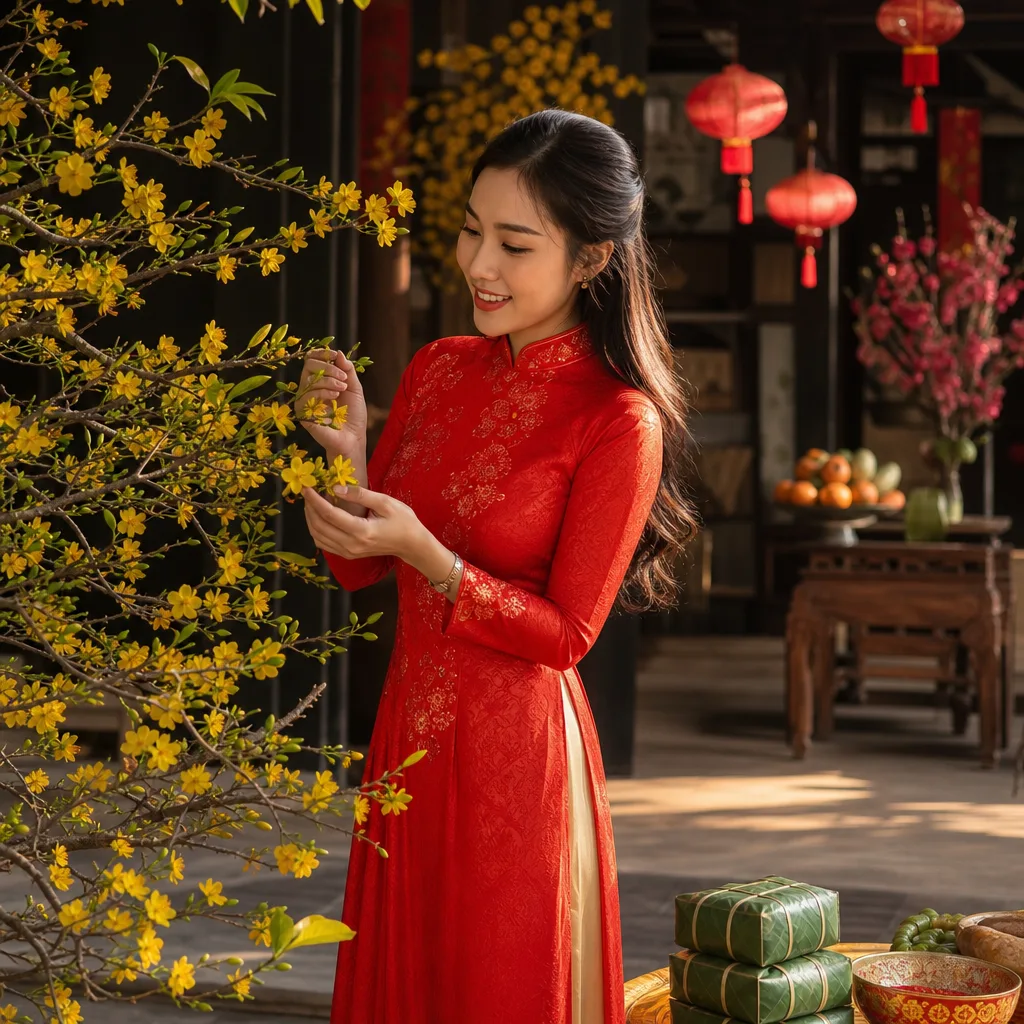 Áo dài Tết rực rỡ bên cành mai đào - bộ ảnh chúc Tết đăng là có like