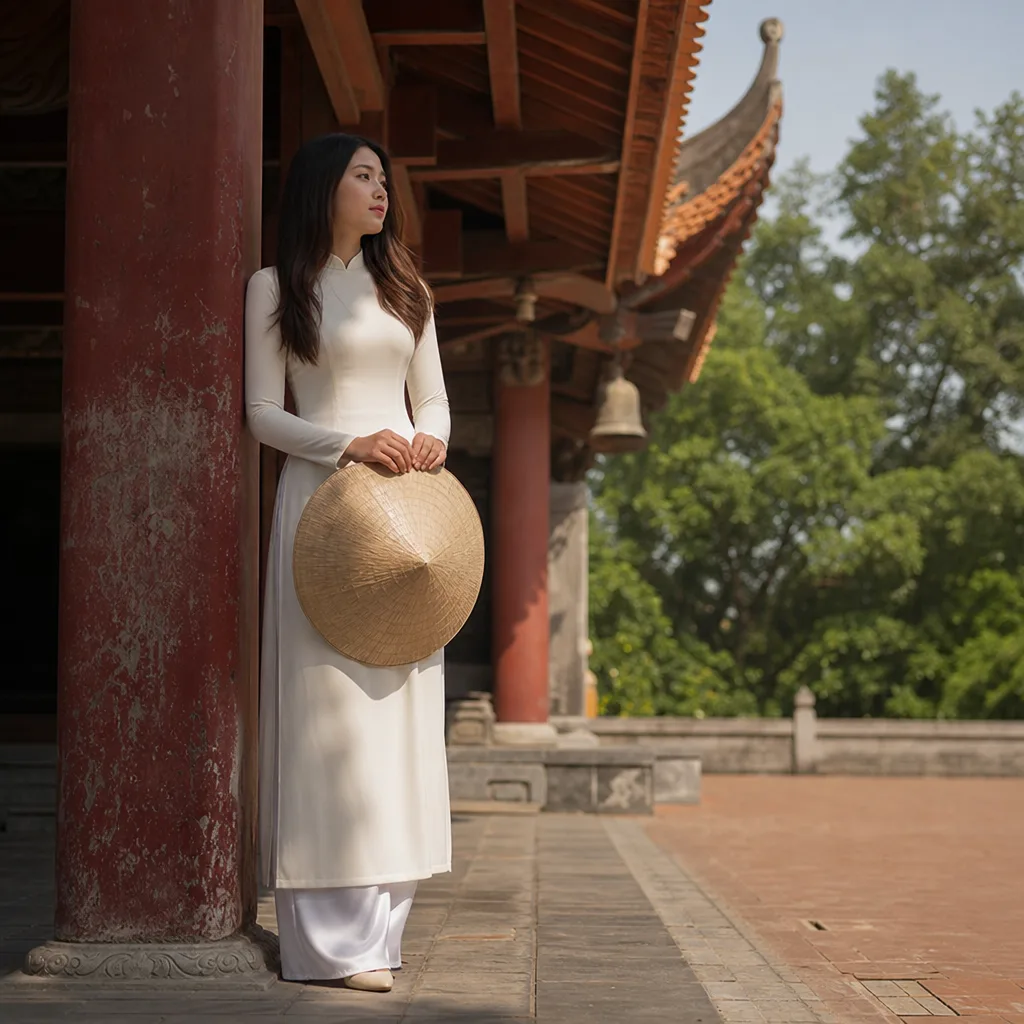 Áo dài truyền thống bên chùa cổ mái ngói cong - dịu dàng nết Việt