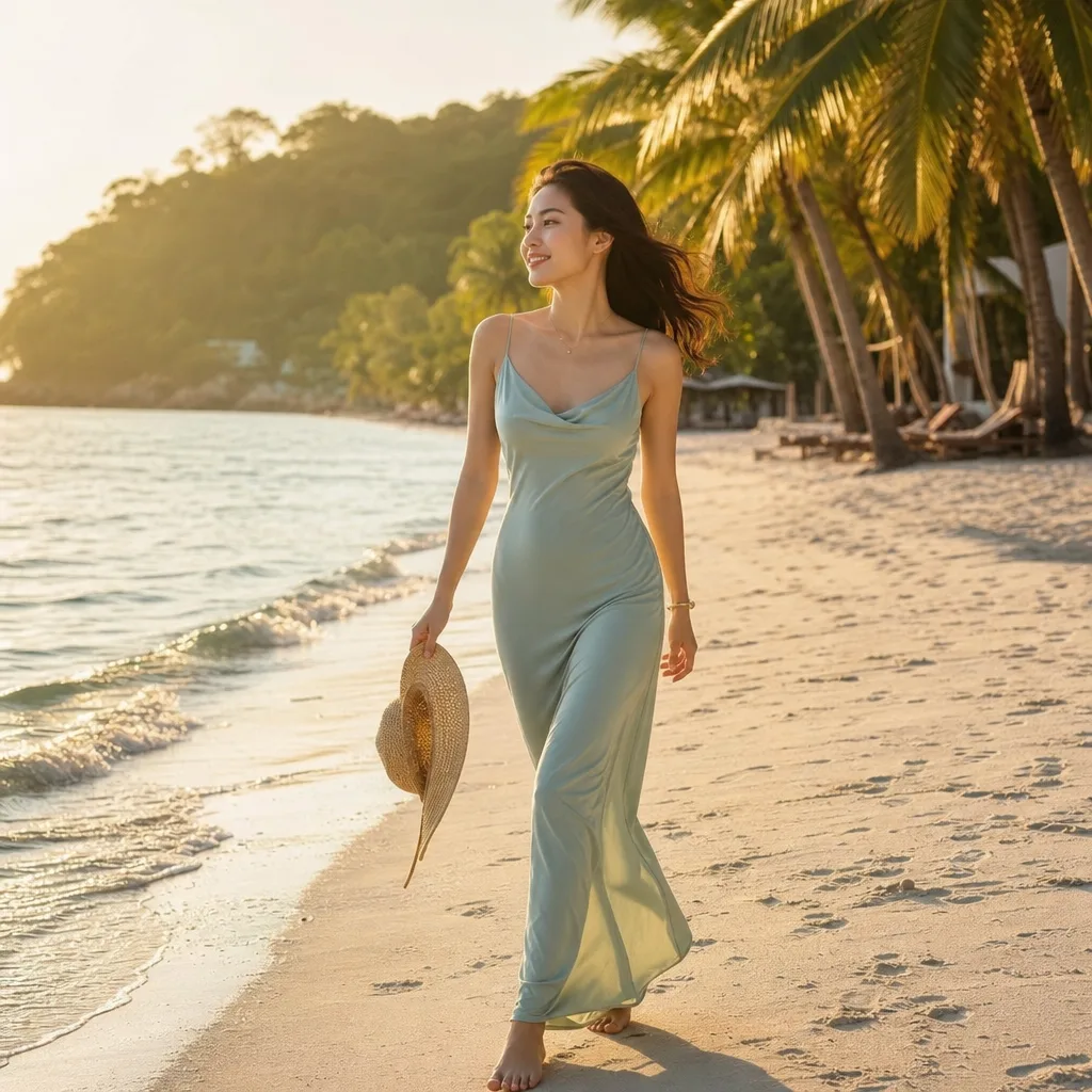 Ảnh du lịch biển nắng vàng - váy maxi bay, tóc gió và sóng xanh
