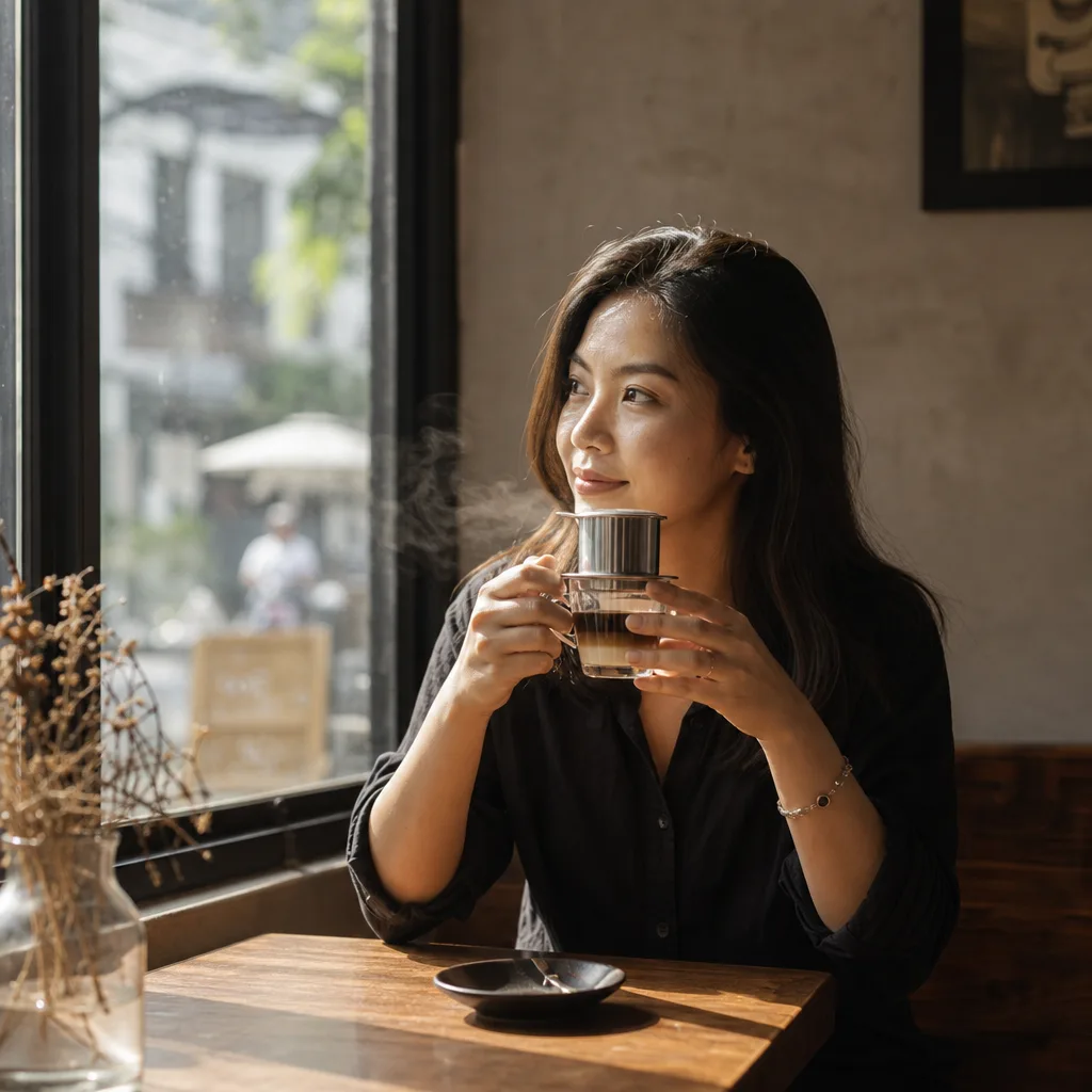 Ảnh cà phê buổi sáng - chill nhẹ bên cửa sổ, tông nâu sữa