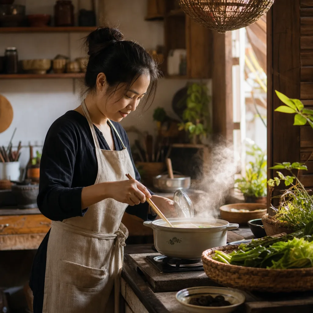 Ảnh gian bếp ấm cúng - người phụ nữ đảm đang bên mâm cơm nhà