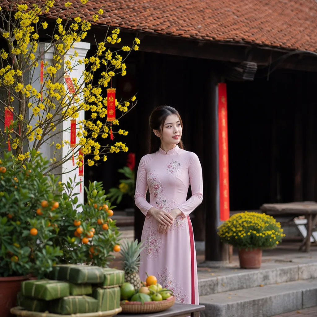Ảnh Tết Nguyên Đán: áo dài, hoa mai đào, câu đối đỏ