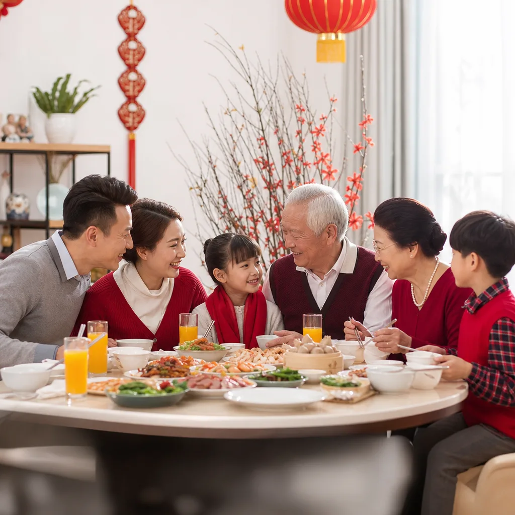 Ảnh gia đình ba thế hệ ngày Tết bên mâm cơm