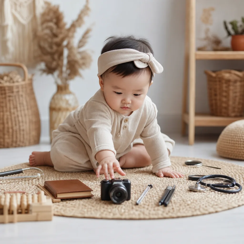 Ảnh thôi nôi bé ngồi giữa mâm đồ chọn nghề