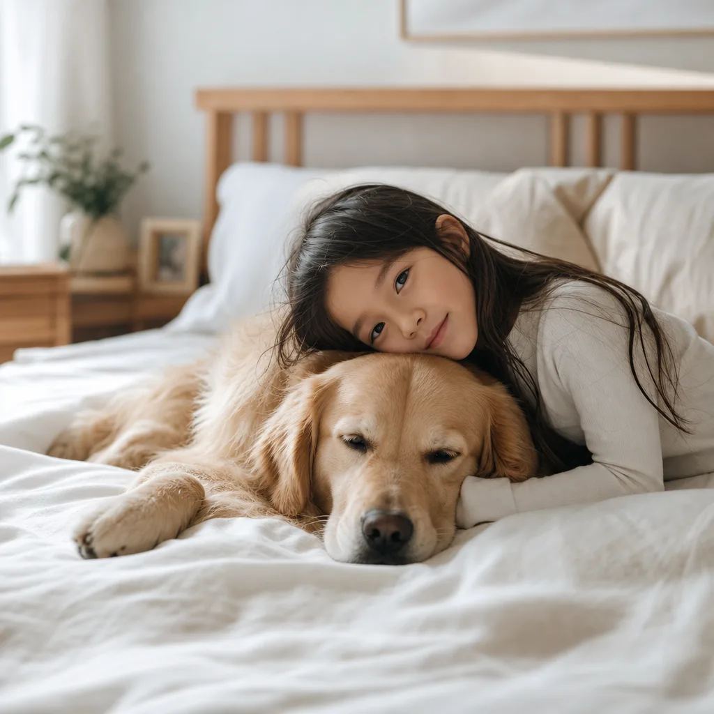 Ảnh bé và thú cưng trong phòng ngủ buổi sáng