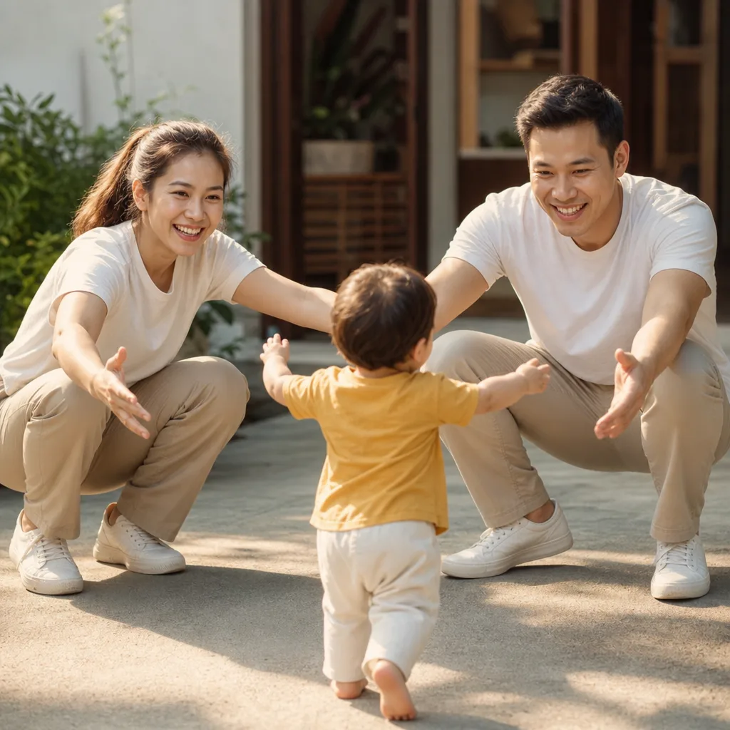 Ảnh bé tập đi trong sân nhà, bố mẹ dang tay đón