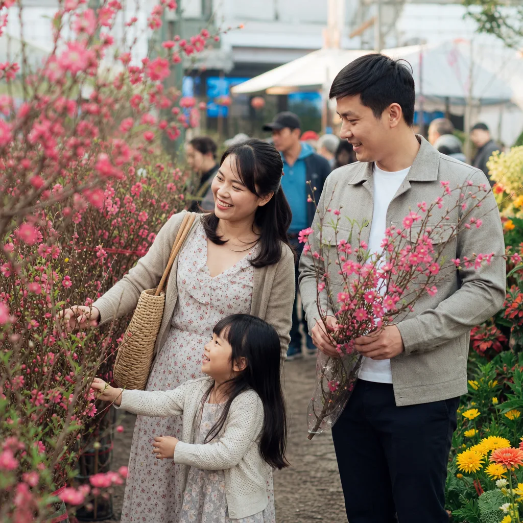 Ảnh cả nhà đi chợ hoa Tết