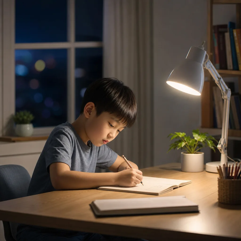 Ảnh bé học bài dưới đèn bàn buổi tối