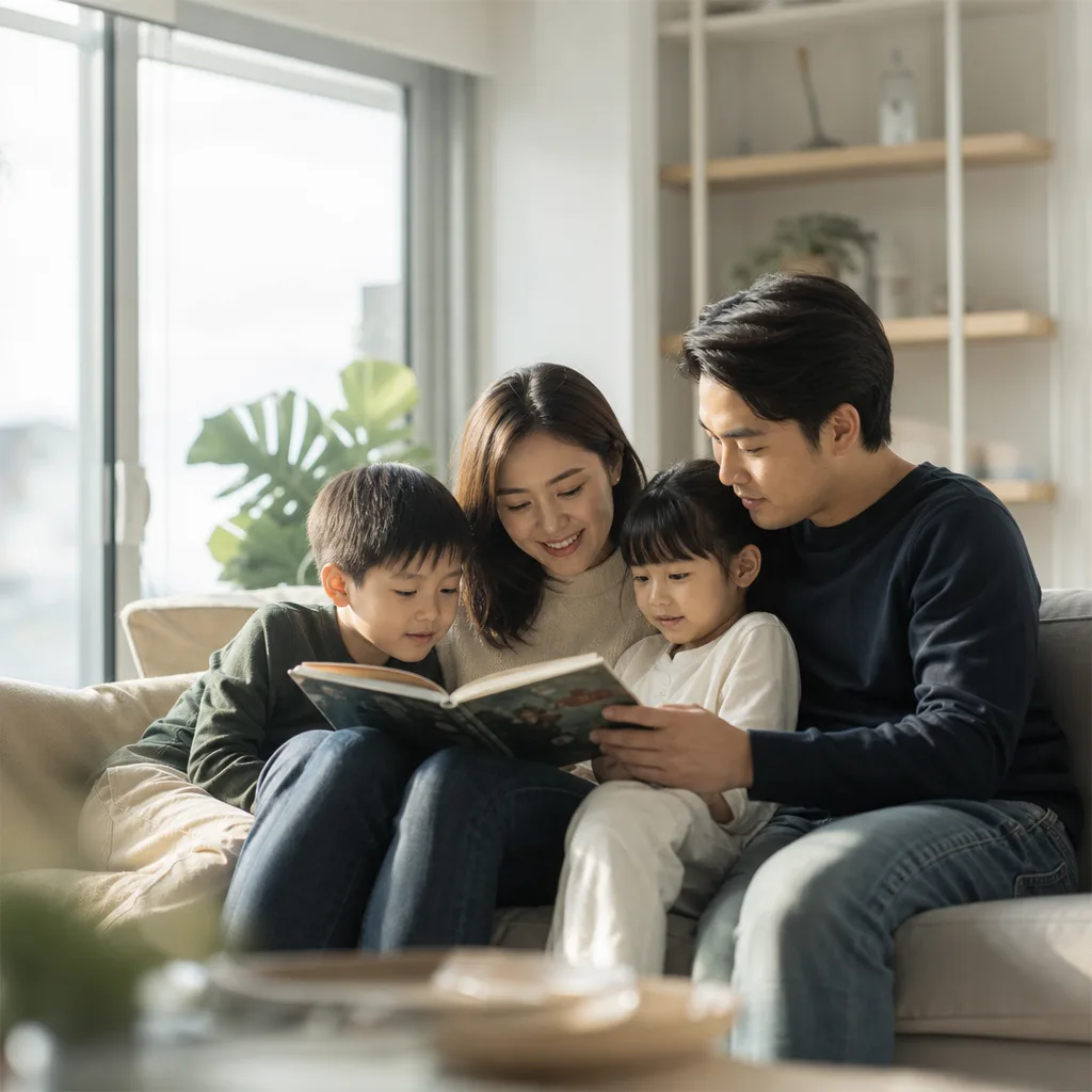 Ảnh gia đình đọc sách trên sofa chiều chủ nhật