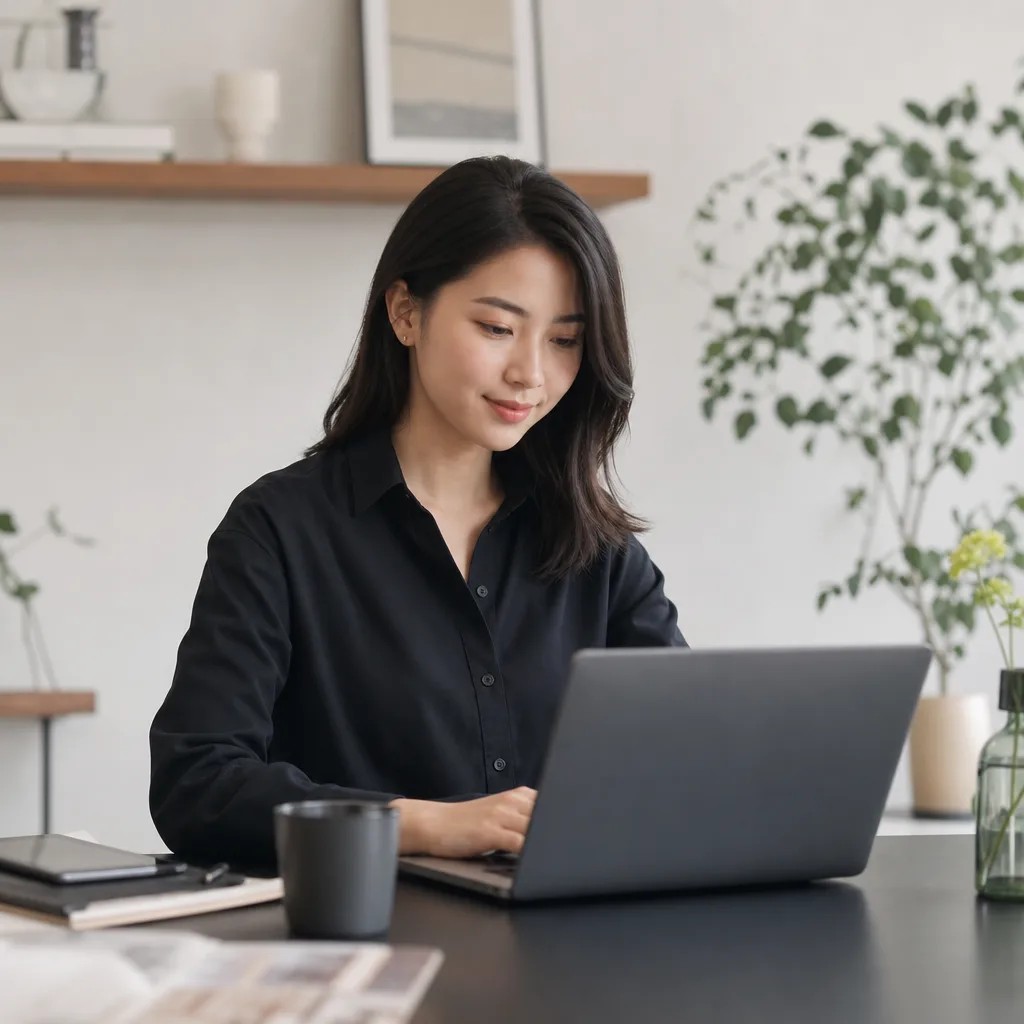 Ảnh chân dung ngồi bàn làm việc, tay đặt trên laptop